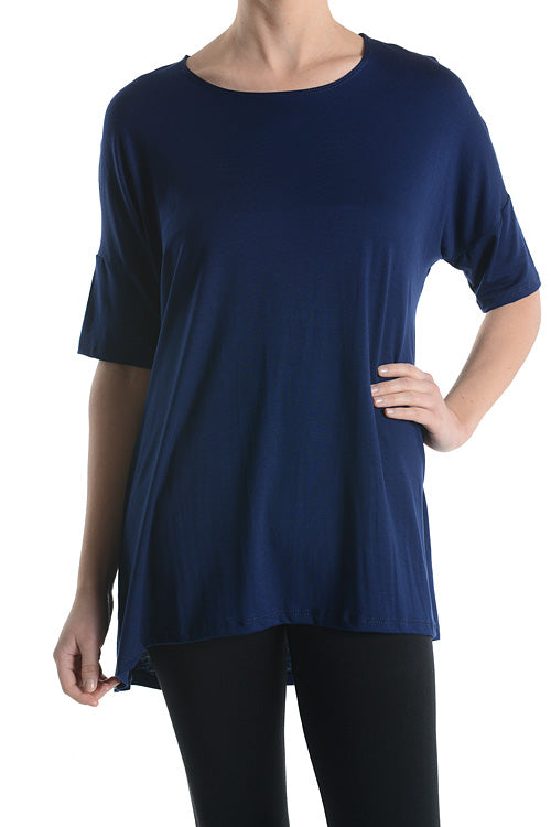 Women's Short Sleeve Rayon Span High Low Loose Fit Tunic Top - Made in USA