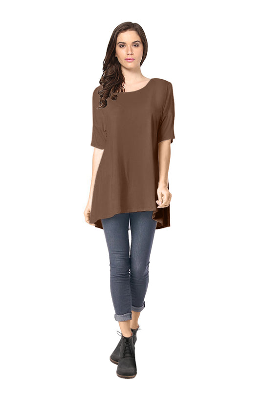 Women's Short Sleeve Rayon Span High Low Loose Fit Tunic Top - Made in USA