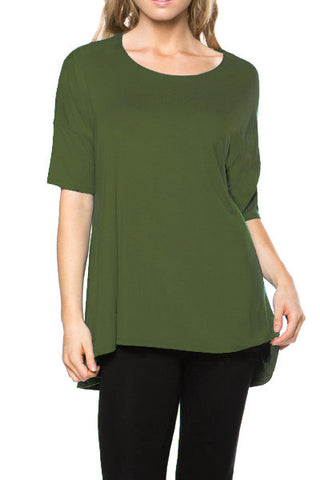 Women's Short Sleeve Rayon Span High Low Loose Fit Tunic Top - Made in USA